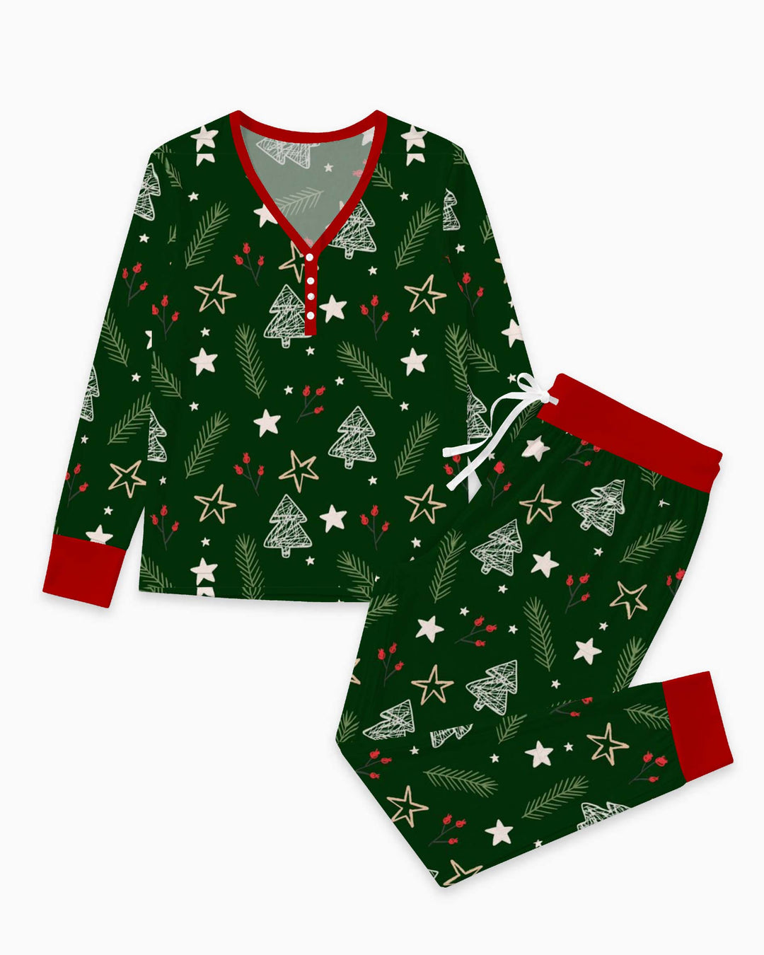 Dark Green Christmas Tree Doodles Bamboo Women Pajama Set