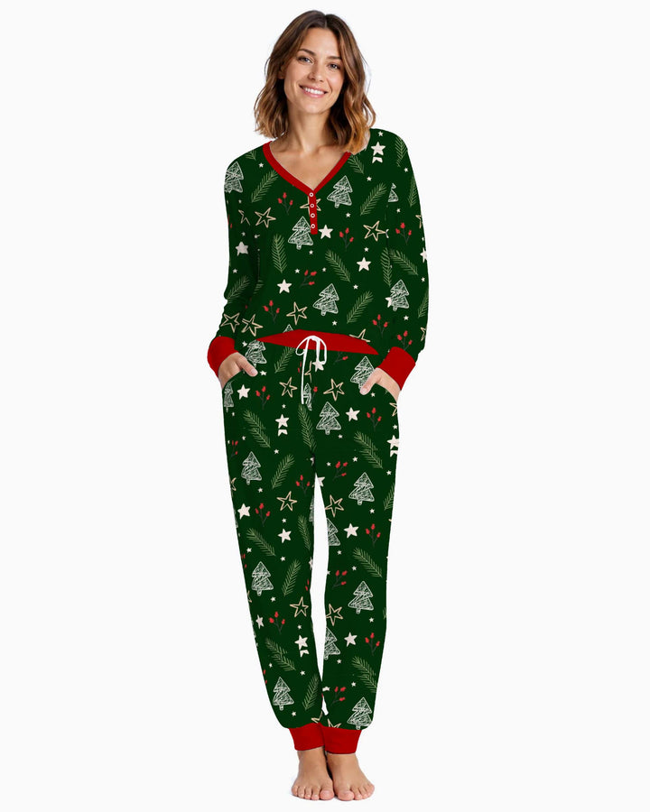 Dark Green Christmas Tree Doodles Bamboo Women Pajama Set