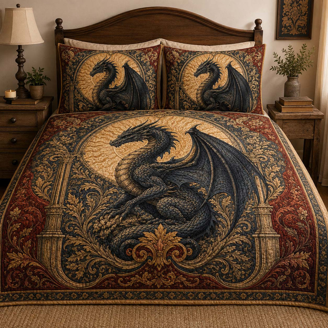 Dark Medieval Dragon Bamboo Quilt Bedding Set