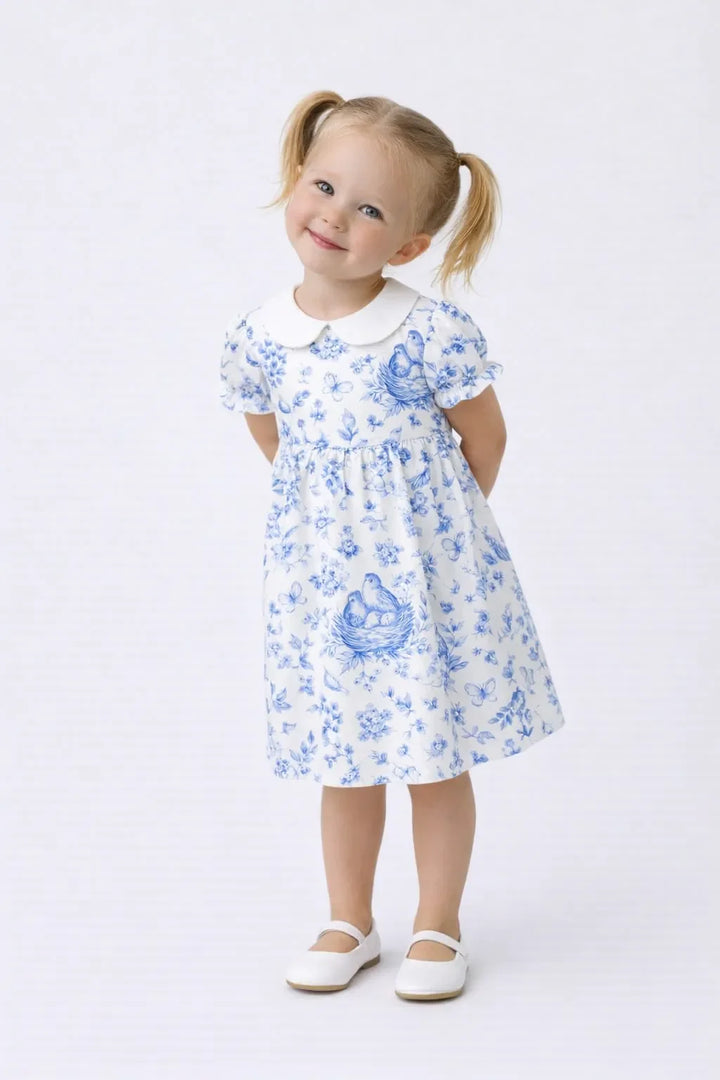 Vintage Blue Bird Toile Floral Bamboo Peter Pan Collar Dress