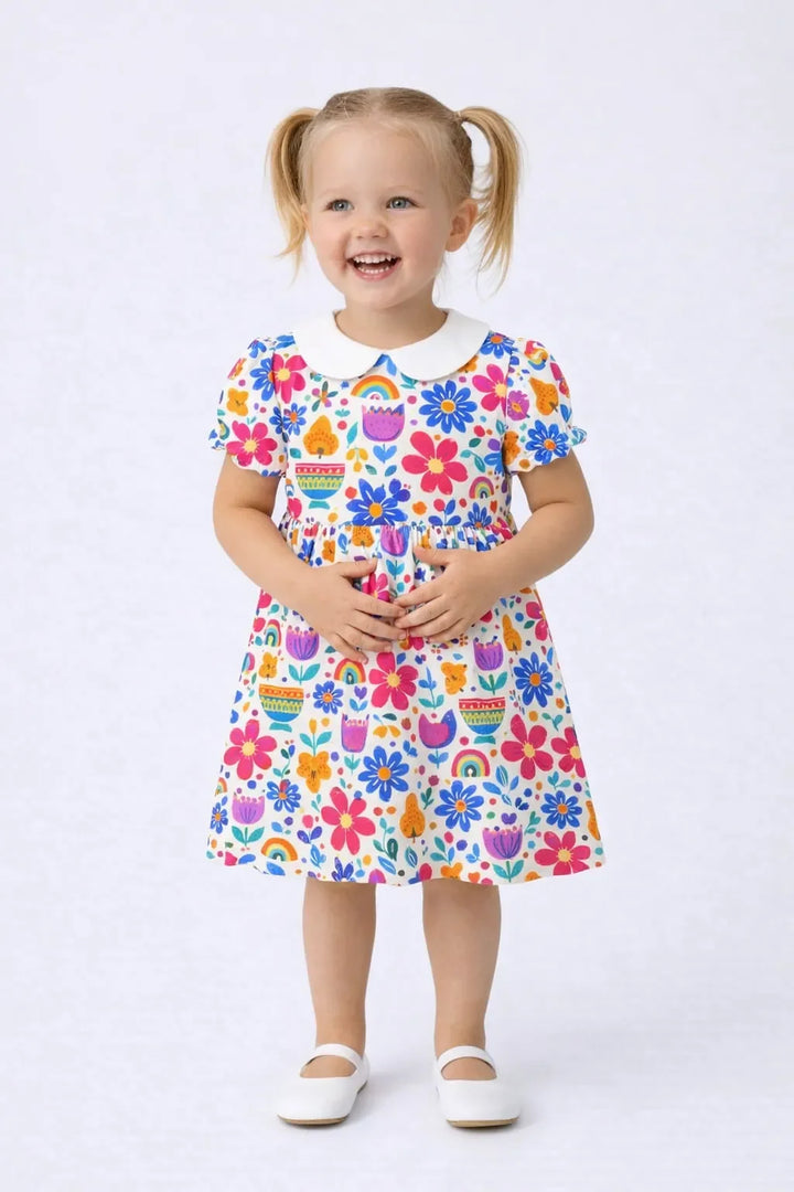 Happy Garden Flowers Playful Bamboo Peter Pan Collar Dress