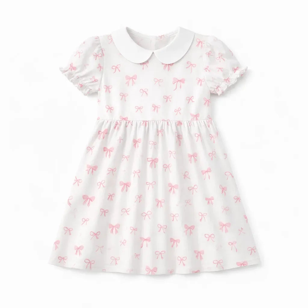 Sweet Pink Bow Cute Bamboo Peter Pan Collar Dress