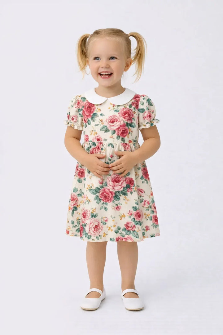Timeless Pink Rose Garden Bamboo Peter Pan Collar Dress