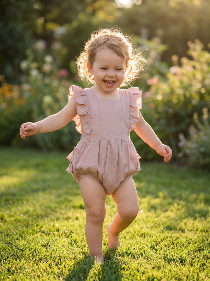 Solid Color Bamboo Cross Back Ruffle Bubble Romper