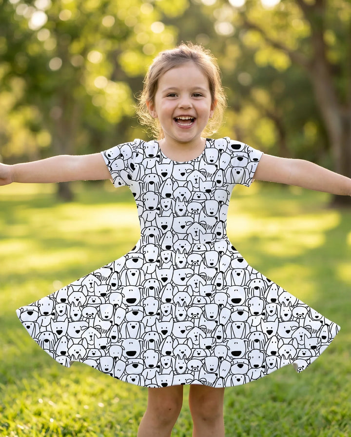 Puppy Crowd Doodles Bamboo Twirl Dress