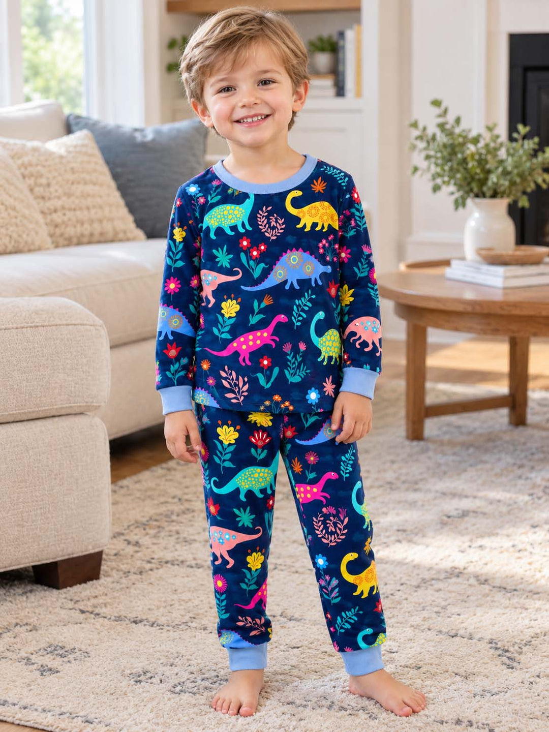Dinosaur Flower Garden Bamboo Two Piece Long Sleeve Pajama Set