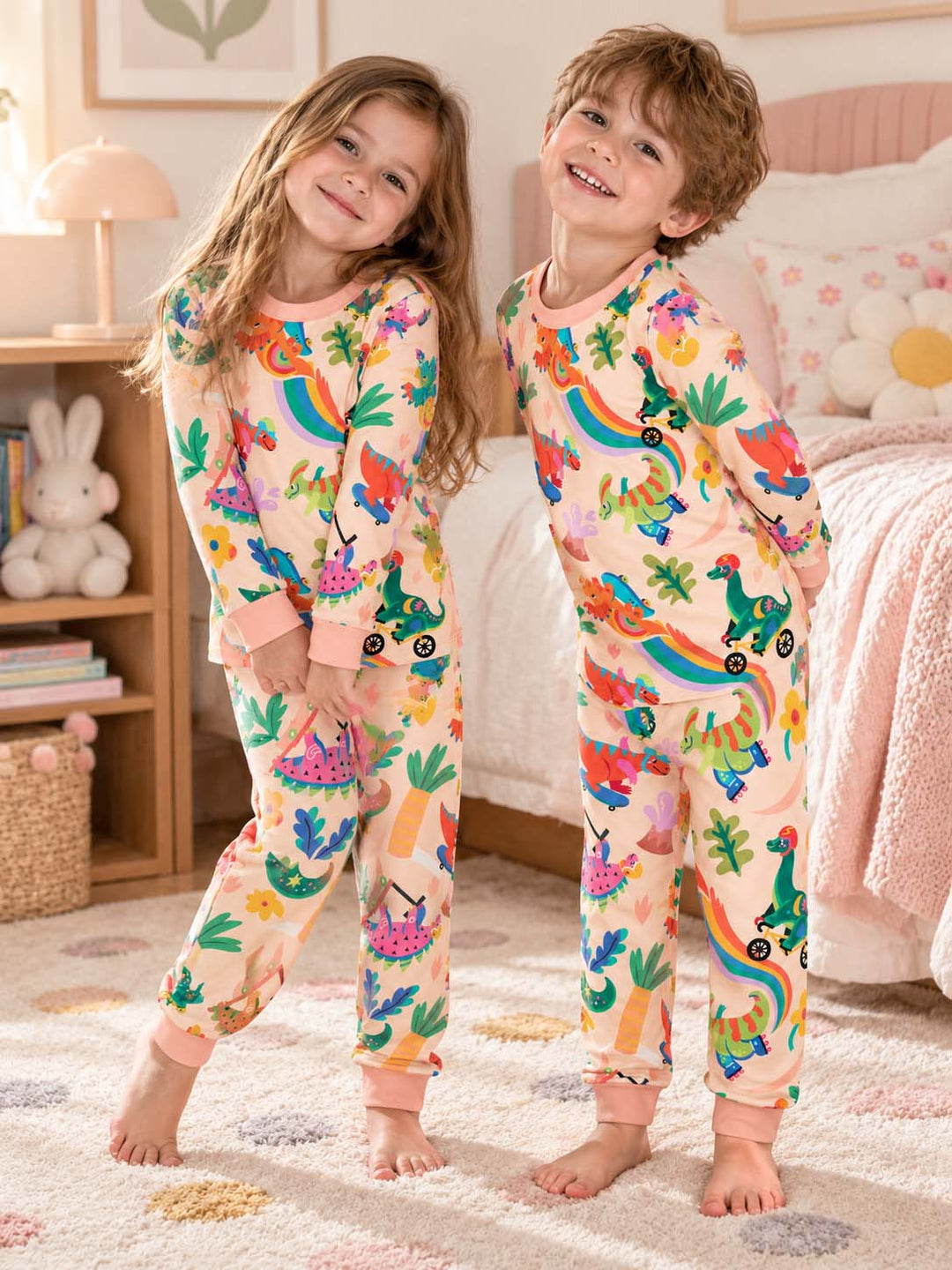 Dinosaur Rainbow Adventure Bamboo Two Piece Long Sleeve Pajama Set