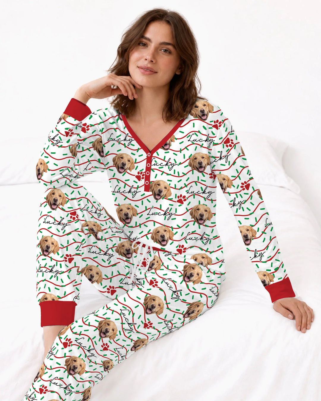 Custom Pet Photo Christmas Sprinkles Bamboo Women Pajama Set