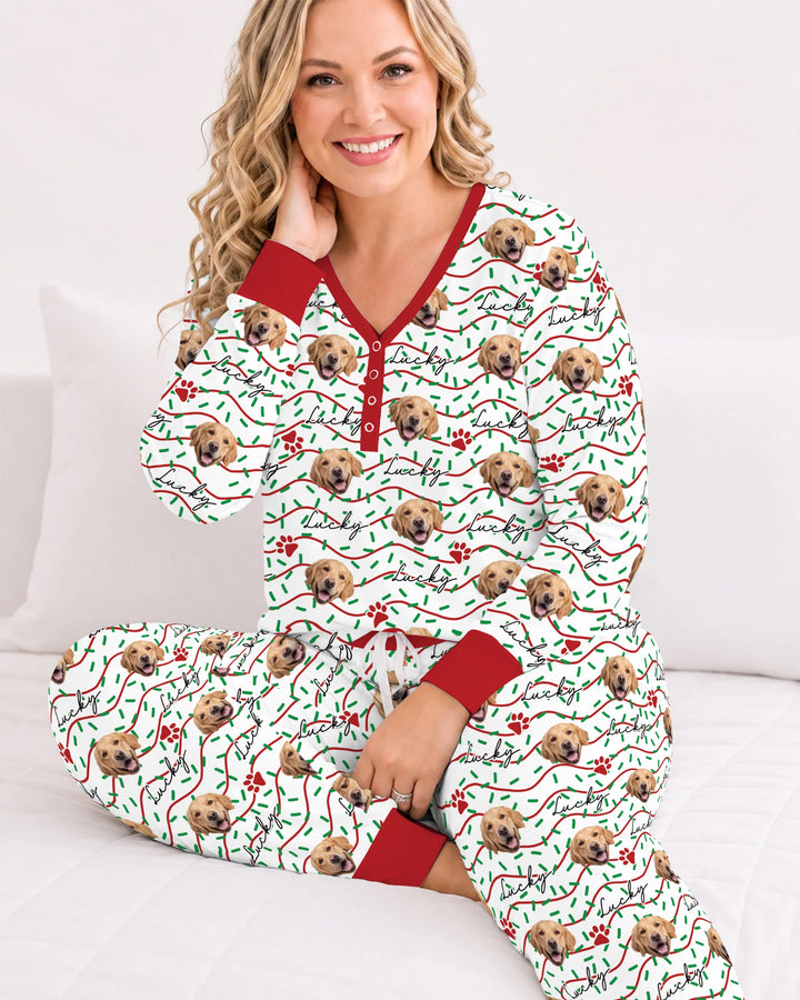 Custom Pet Photo Christmas Sprinkles Bamboo Women Pajama Set