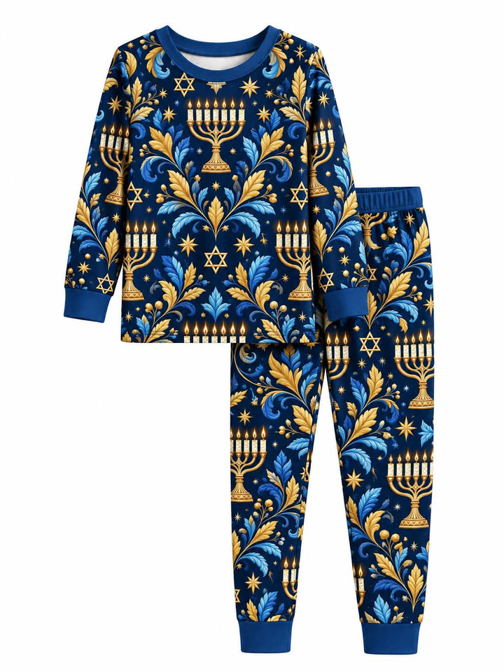 Elegant Blue Gold Hanukkah Bamboo Two Piece Long Sleeve Pajama Set