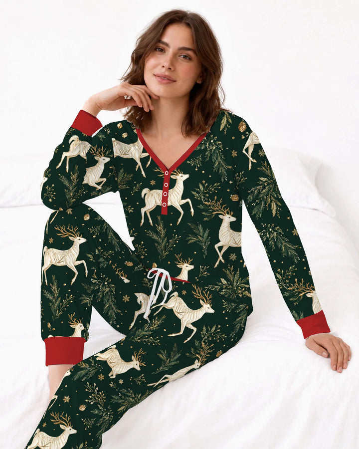 Elegant Golden Reindeer Christmas Bamboo Women Pajama Set