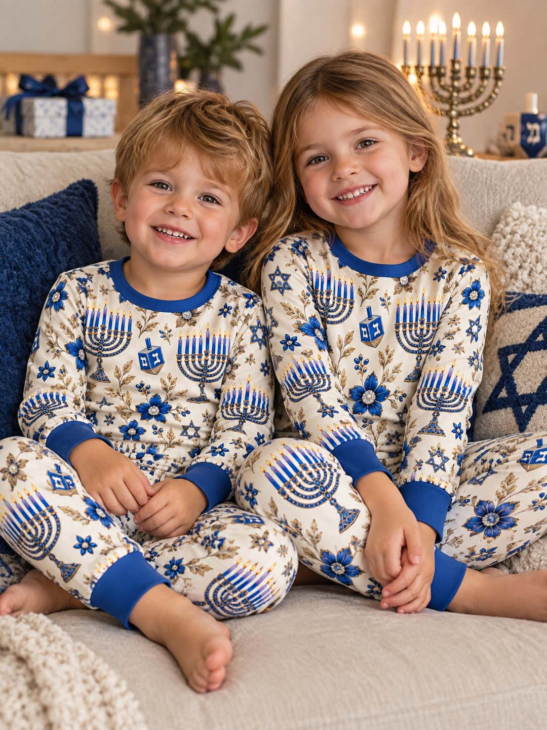 Elegant Hanukkah Menorah Bamboo Two Piece Long Sleeve Pajama Set