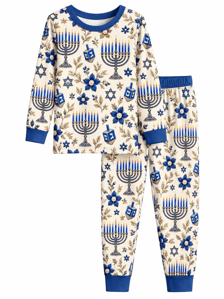 Elegant Hanukkah Menorah Bamboo Two Piece Long Sleeve Pajama Set