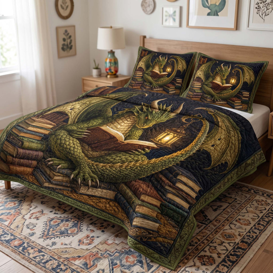 Emerald Dragon Ancient Library Bamboo Quilt Bedding Set