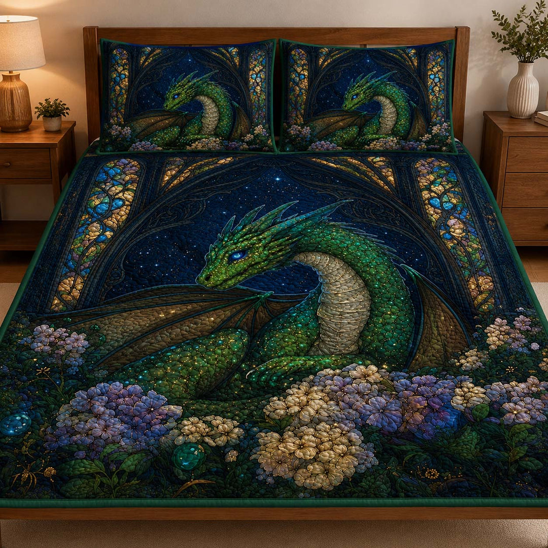 Emerald Gothic Garden Dragon Bamboo Quilt Bedding Set