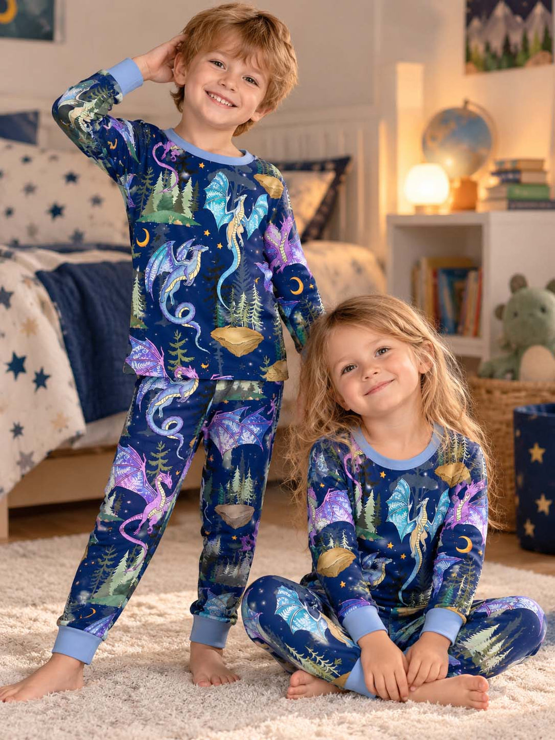 Enchanted Night Dragon Forest Bamboo Two Piece Long Sleeve Pajama Set