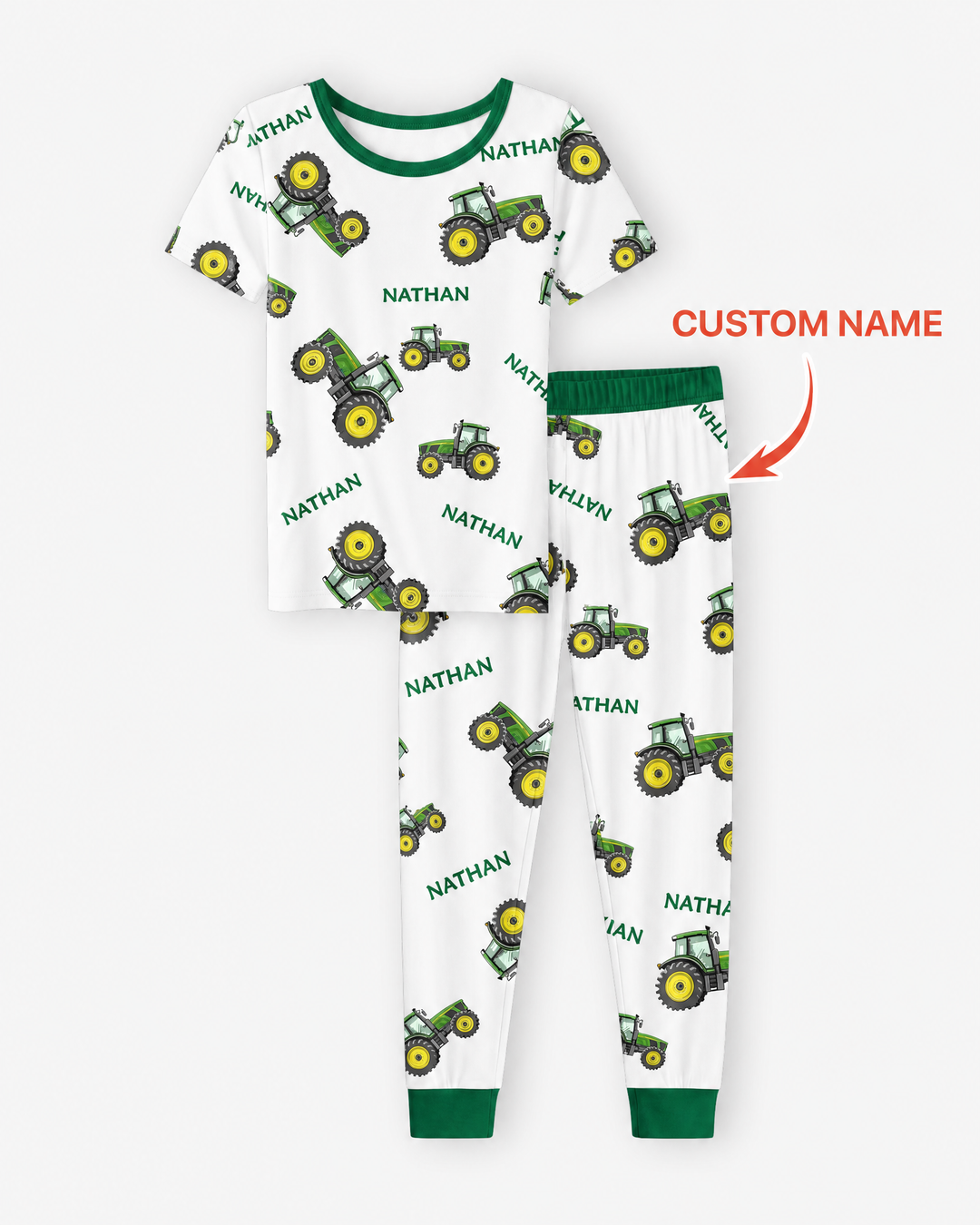 Custom Name Green Tractors Matching Daddy & Me Bamboo Two Piece Short Sleeve Pajama Set