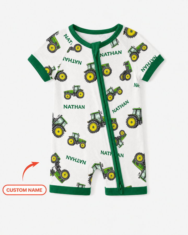 Custom Name Green Tractors Matching Daddy & Me Bamboo Shorty Zippy