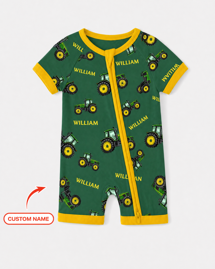 Custom Name Green Tractors Matching Daddy & Me Bamboo Shorty Zippy