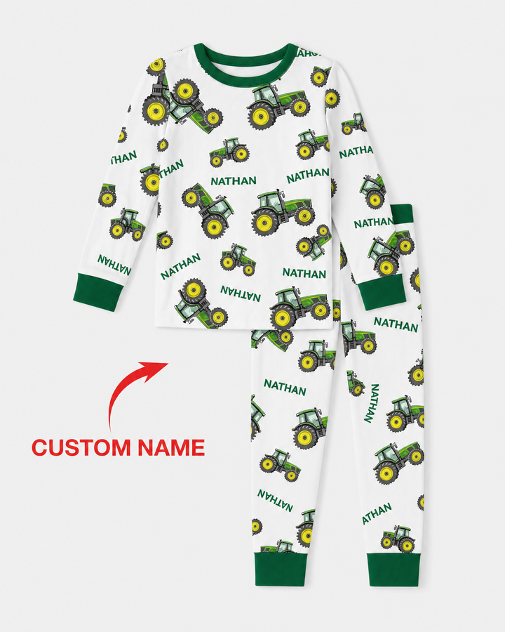 Custom Name Green Tractors Matching Daddy & Me Bamboo Two Piece Long Sleeve Pajama Set