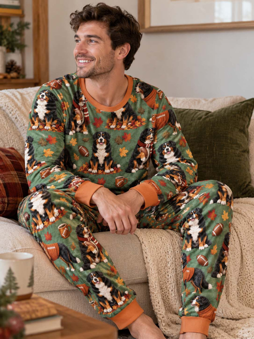 Fall Football Bernese Dogs Bamboo Men's Pajama Set