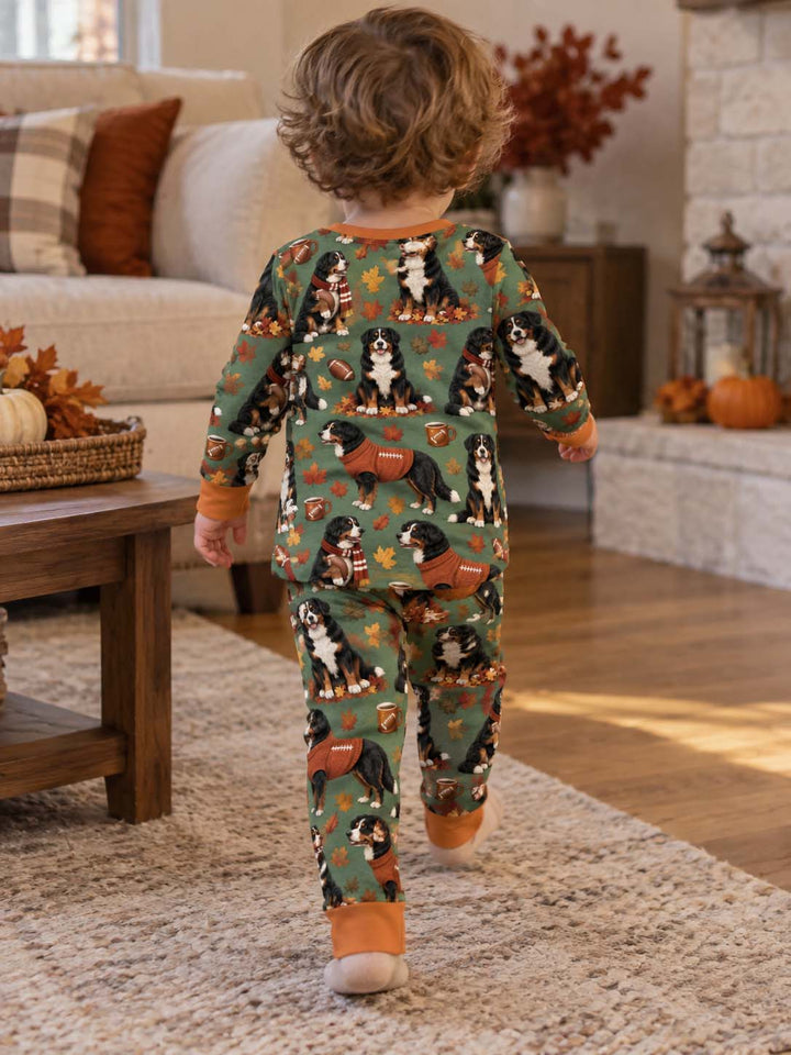 Fall Football Bernese Dogs Bamboo Two Piece Long Sleeve Pajama Set