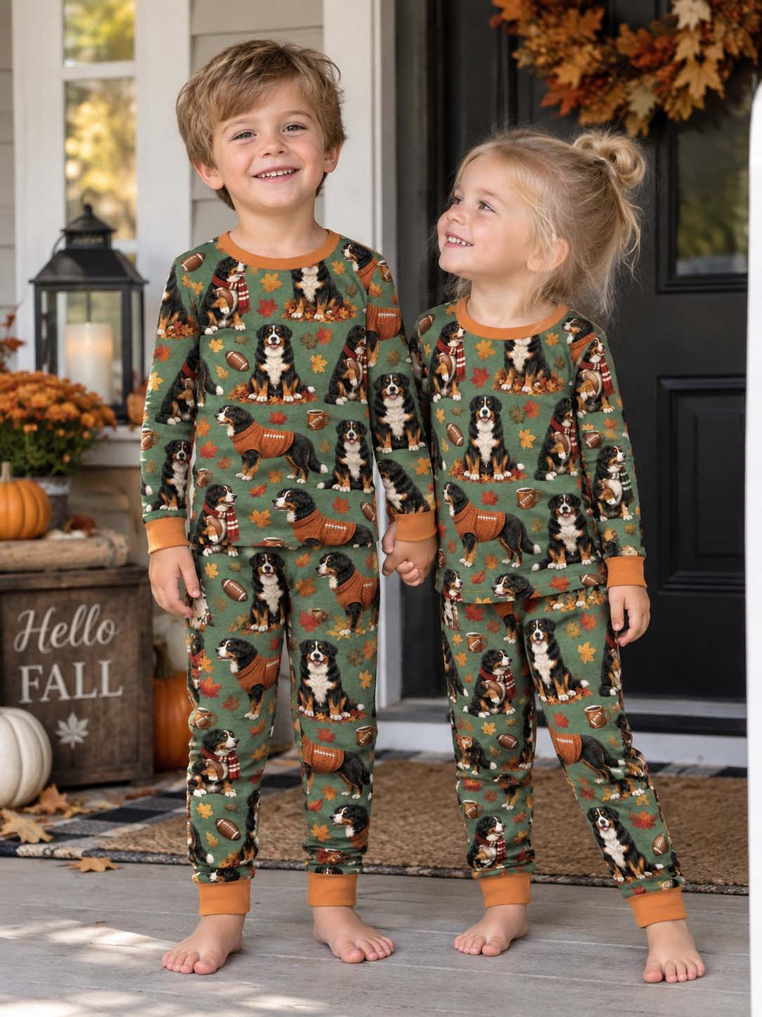 Fall Football Bernese Dogs Bamboo Two Piece Long Sleeve Pajama Set
