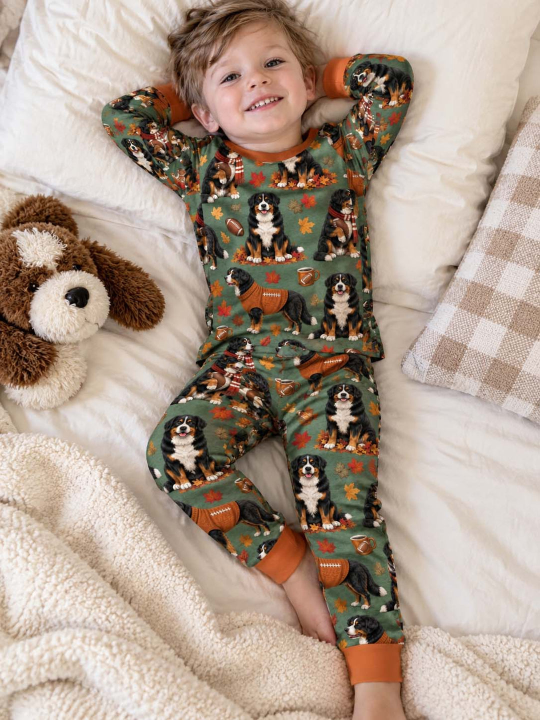 Fall Football Bernese Dogs Bamboo Two Piece Long Sleeve Pajama Set