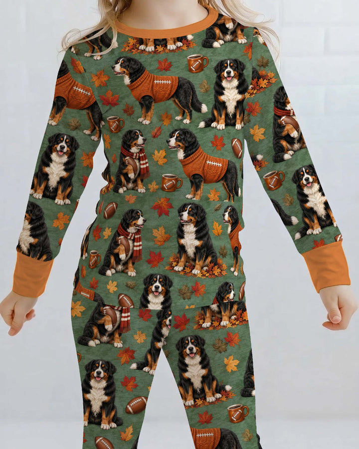 Fall Football Bernese Dogs Bamboo Two Piece Long Sleeve Pajama Set