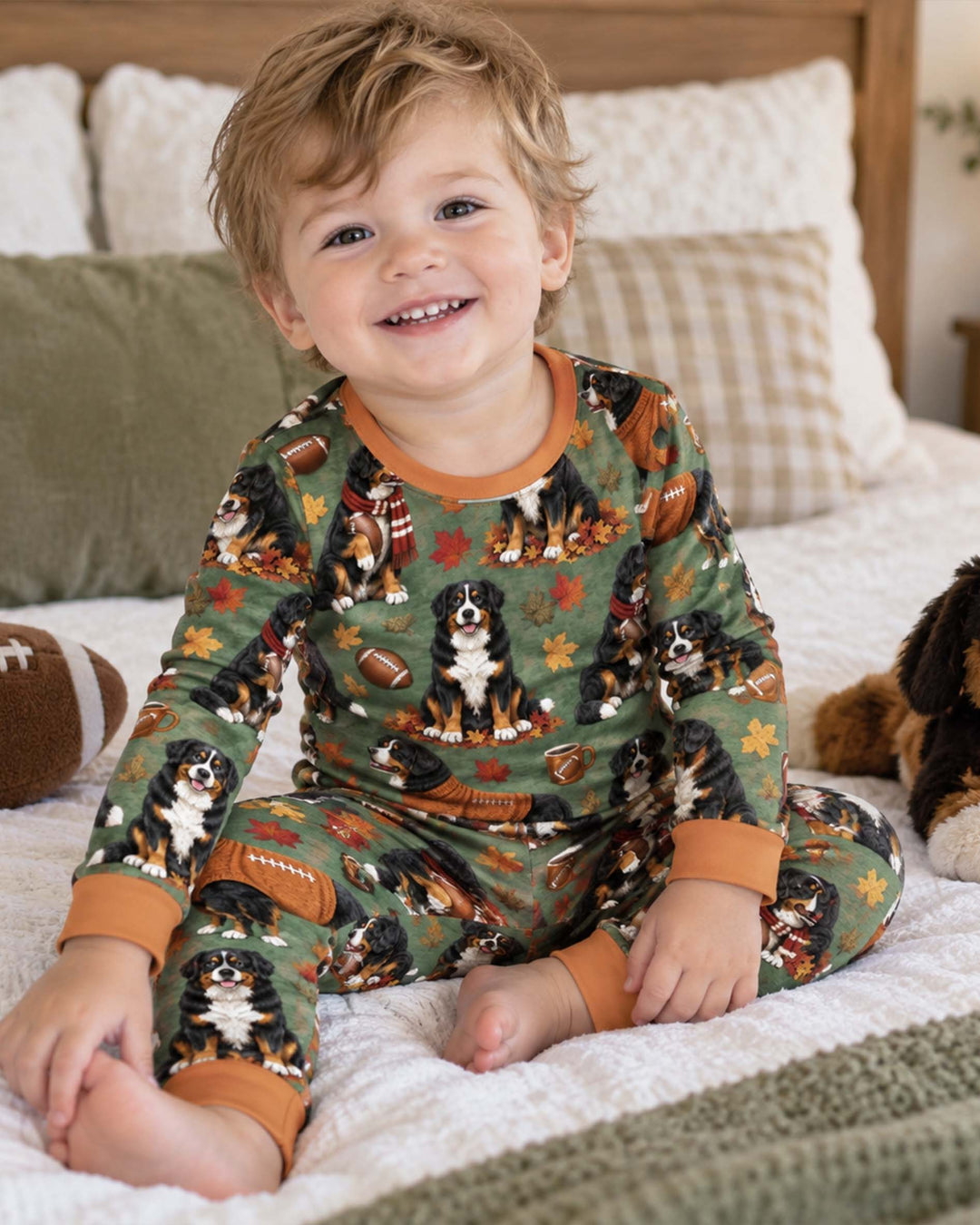 Fall Football Bernese Dogs Bamboo Two Piece Long Sleeve Pajama Set