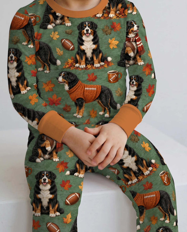 Fall Football Bernese Dogs Bamboo Two Piece Long Sleeve Pajama Set