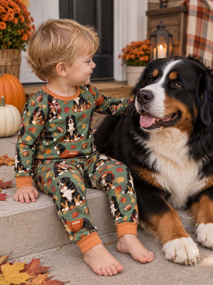 Fall Football Bernese Dogs Bamboo Two Piece Long Sleeve Pajama Set