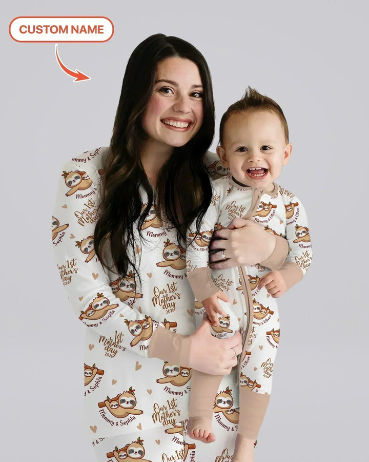 Custom Name Mama & Baby Sloth – Our First Mother’s Day 2026 Bamboo Women Pajama Set