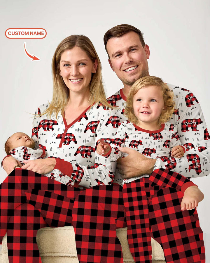 Custom Name Family Bear Matching Bamboo Two Piece Long Sleeve Pajama Set
