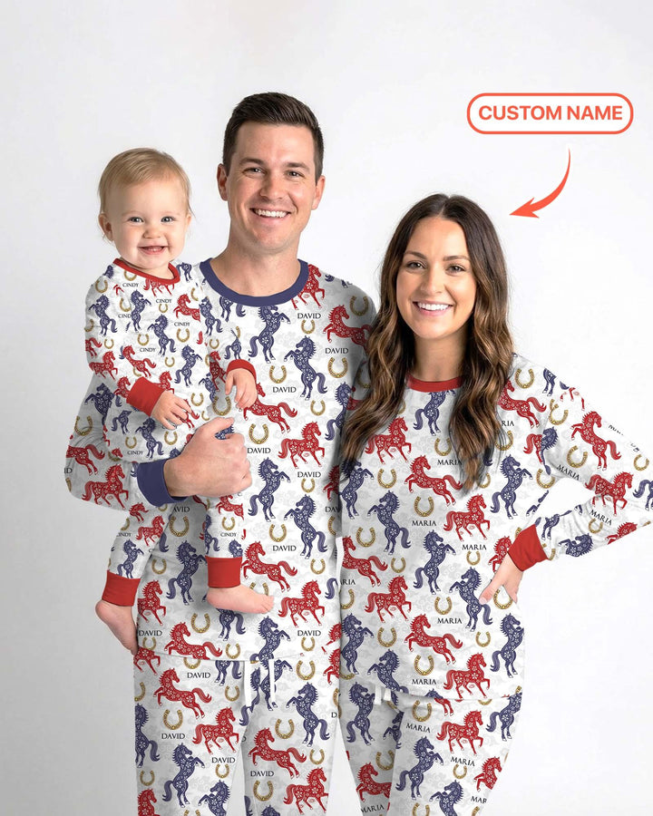 Custom Name Chinoiserie Horses Bamboo Two Piece Long Sleeve Pajama Set