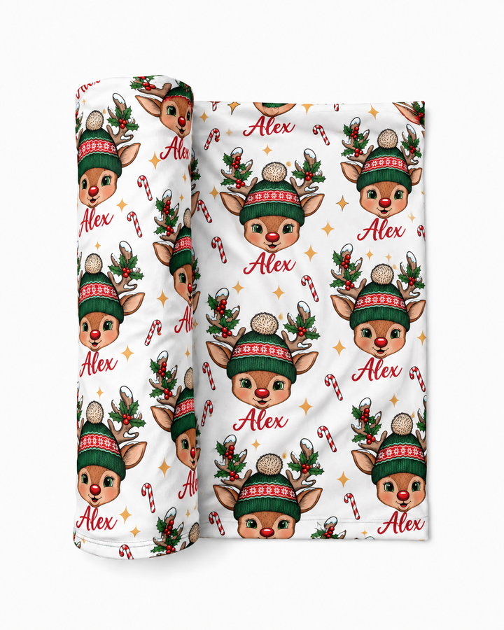 Custom Name Christmas Reindeer Bamboo Swaddle Blanket
