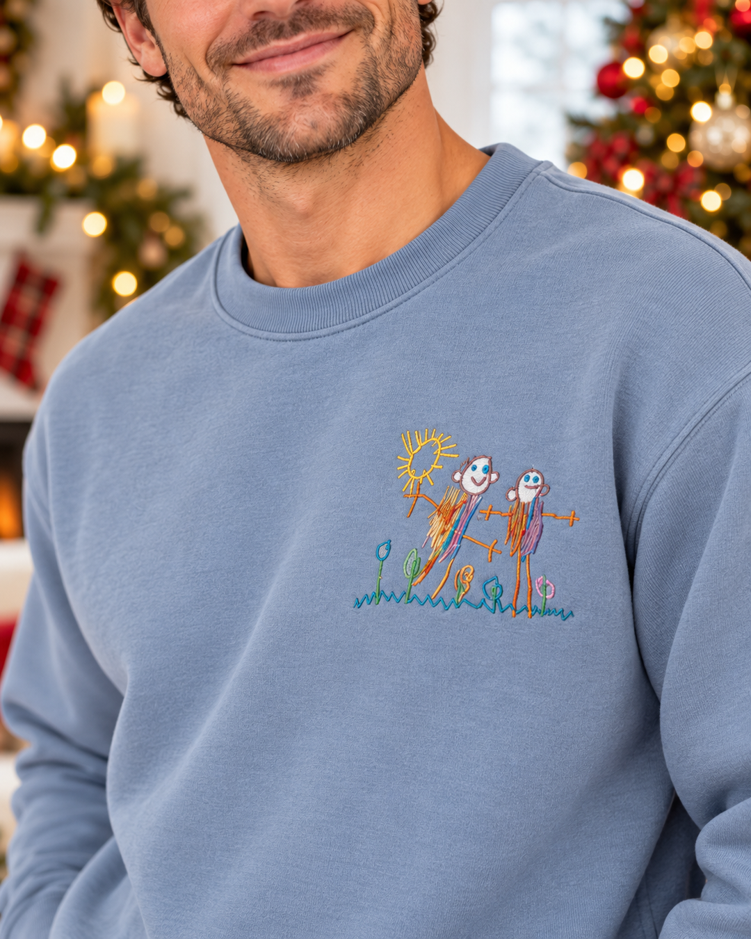 Personalized Kid's Drawing Embroidered Bamboo Men Crewneck Sweatshirt