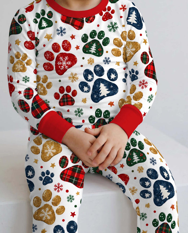 Festive Christmas Paw Prints Bamboo Two Piece Long Sleeve Pajama Set