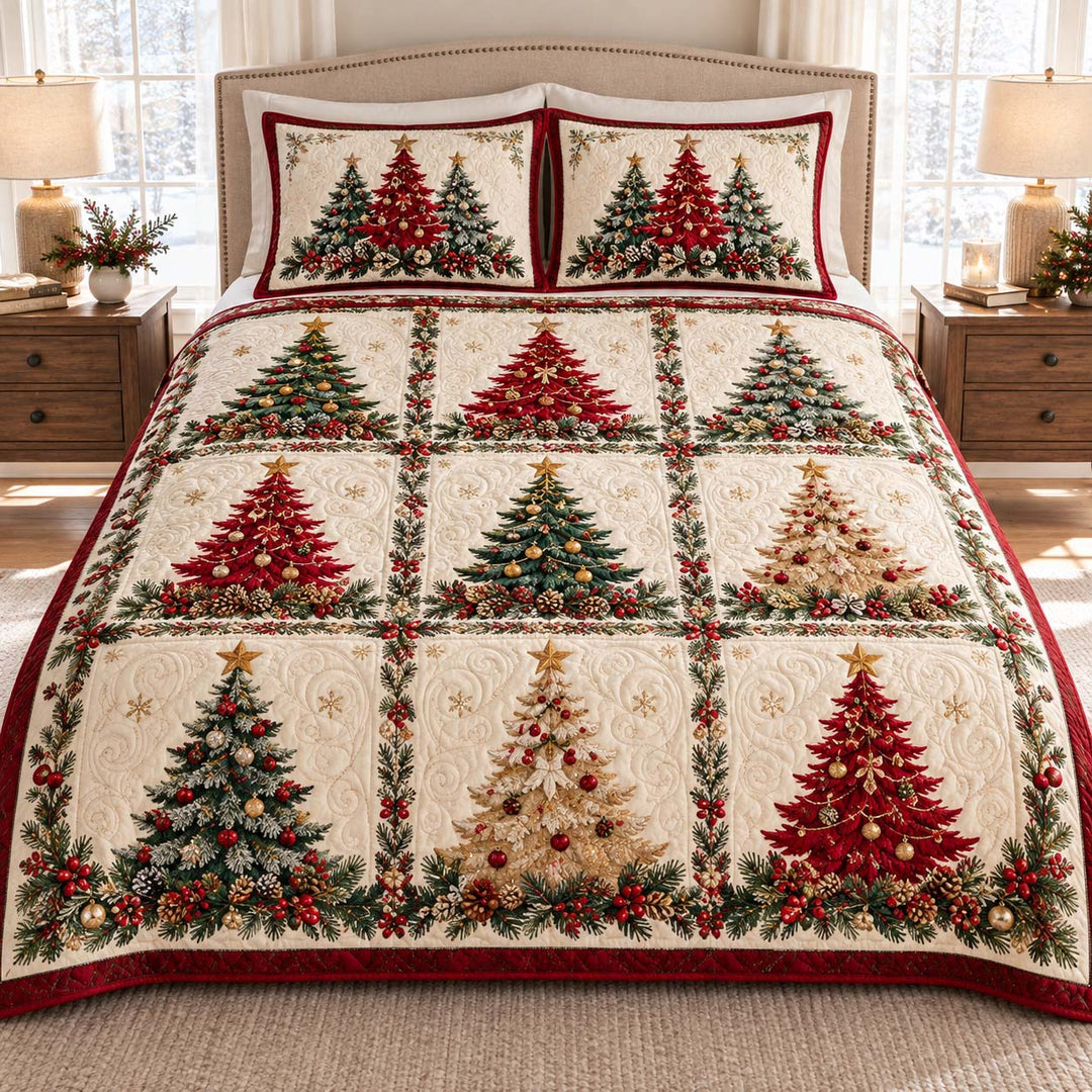 Festive Christmas Tree Patchwork Bamboo Quilt Bedding Set