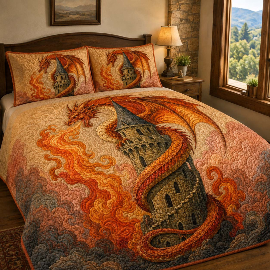 Fire Breathing Tower Dragon Bamboo Quilt Bedding Set