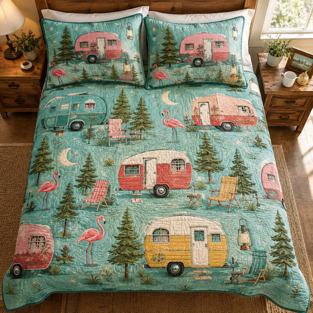 Flamingo Camper Escape Bamboo Quilt Bedding Set