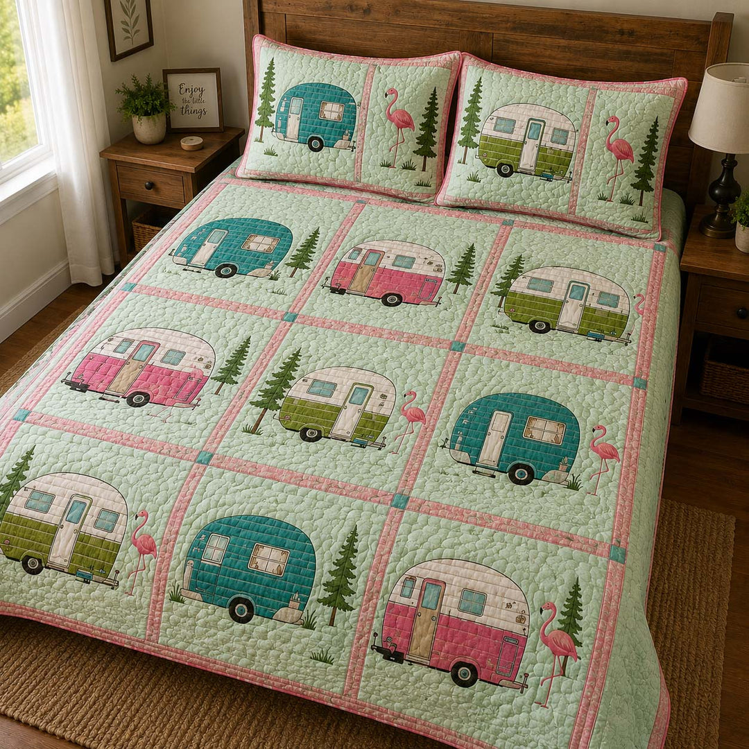 Flamingo Camper Patchwork Bamboo Quilt Bedding Set