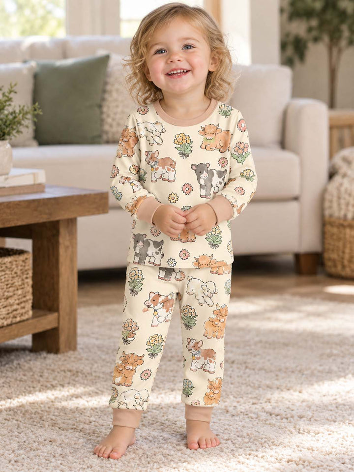 Floral Baby Cows Bamboo Two Piece Long Sleeve Pajama Set