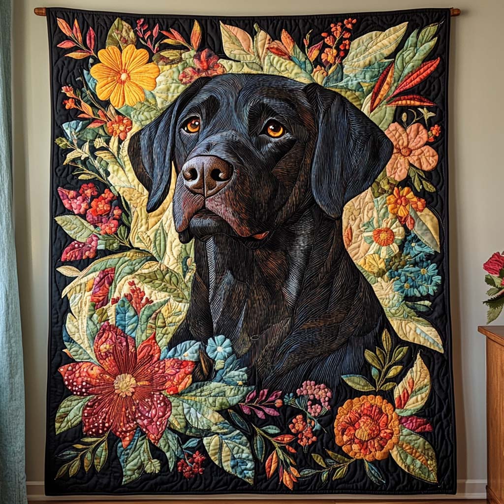 Floral Black Labrador Bamboo Quilt Blanket