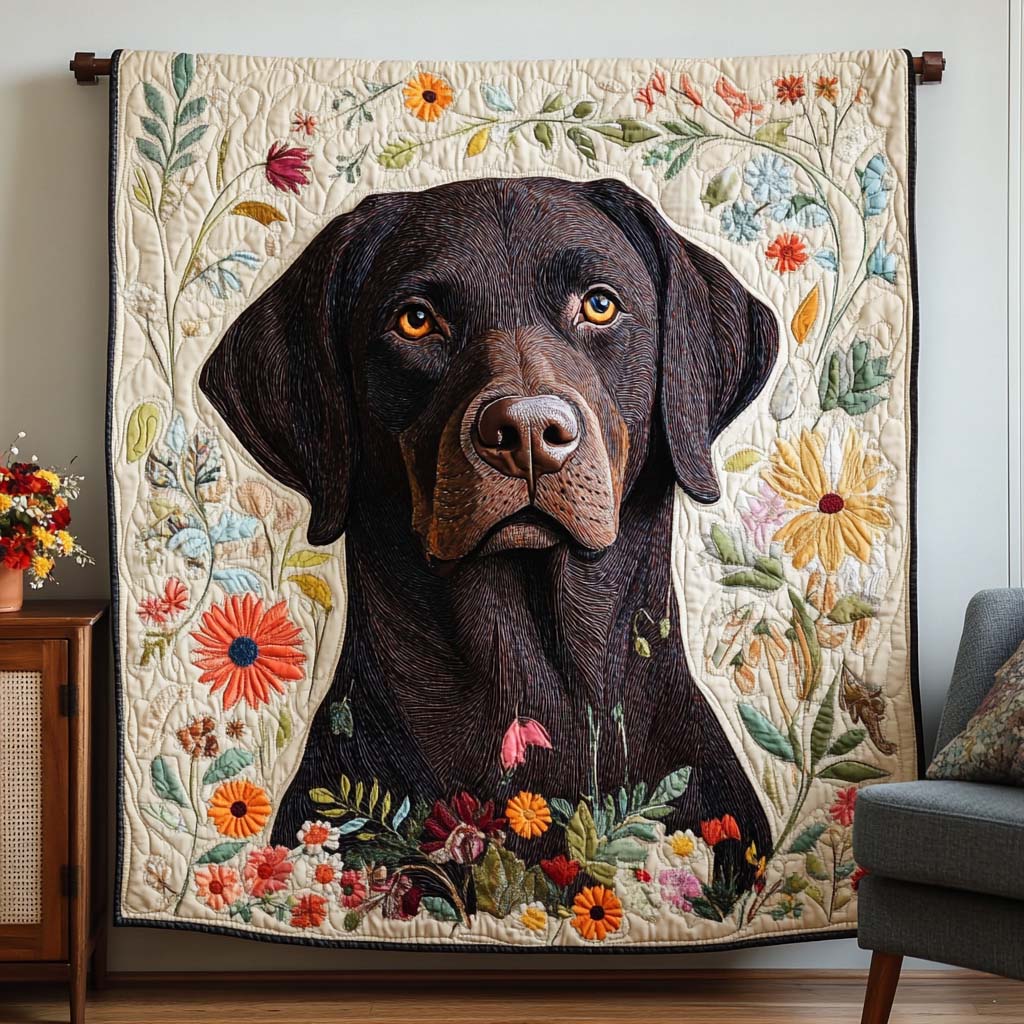 Floral Chocolate Labrador Bamboo Quilt Blanket
