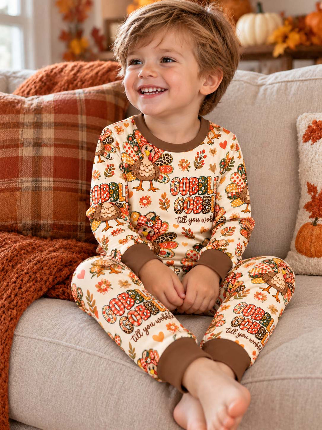Floral Gobble Gobble Turkey Bamboo Two Piece Long Sleeve Pajama Set