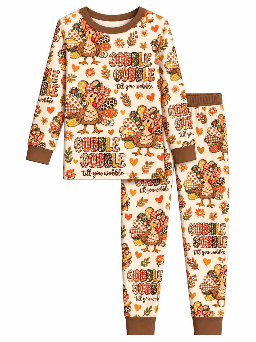 Floral Gobble Gobble Turkey Bamboo Two Piece Long Sleeve Pajama Set