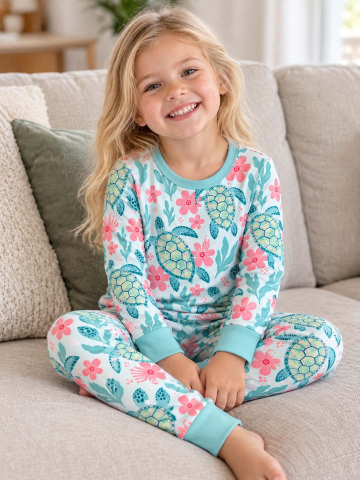 Floral Ocean Turtle Bamboo Two Piece Long Sleeve Pajama Set