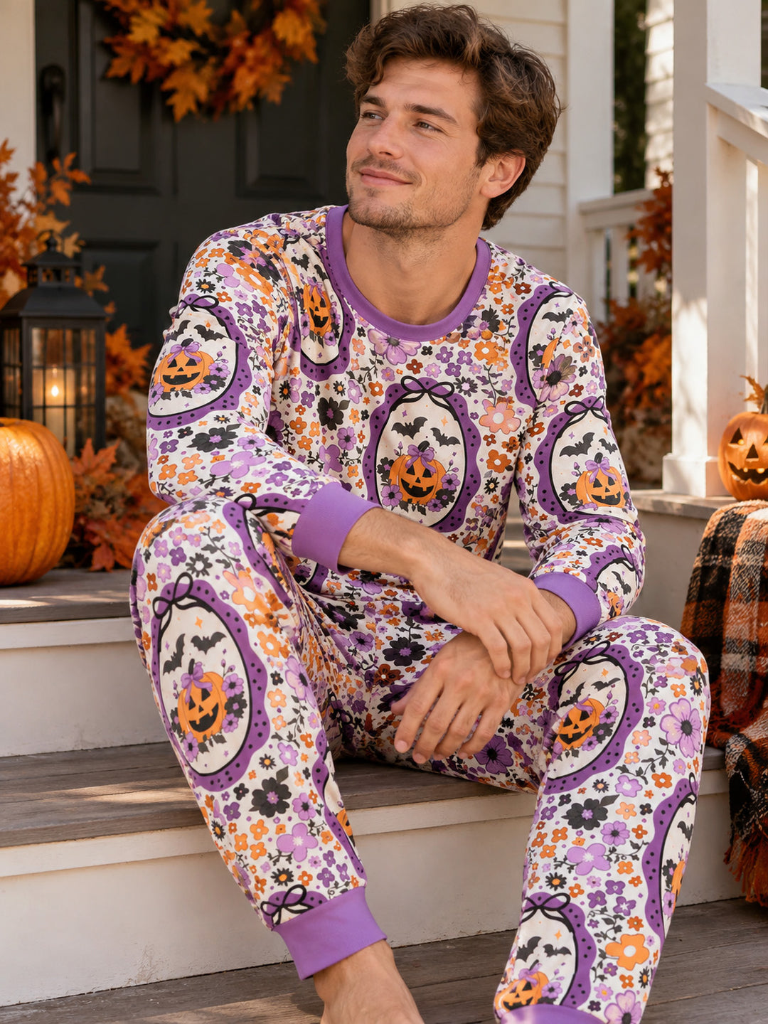 Floral Pumpkin Halloween Bamboo Men's Pajama Set