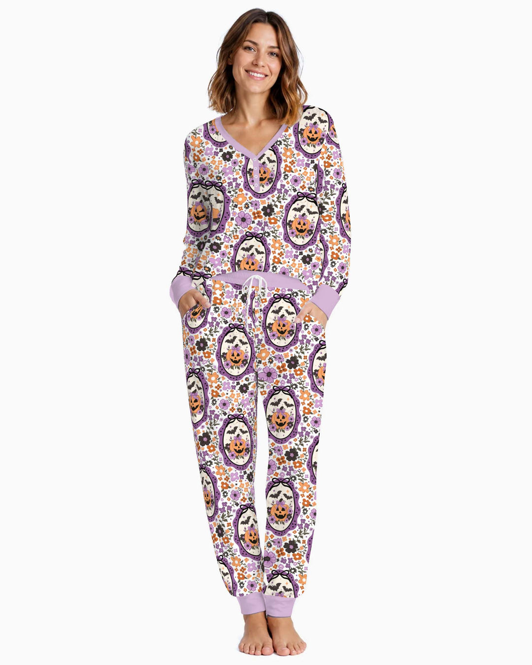 Floral Pumpkin Halloween Bamboo Women Pajama Set